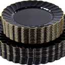 YOUBET 60PCS Black Scalloped Plastic Plates - Black and Gold Disposable Plates include 30 Gold Dinner Plate, 30 Dessert Plate for Party & Wedding