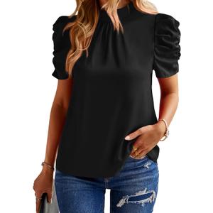 BTFBM Women's Summer Boho Shirt Top Ruffle Short Sleeve Frill Trim Mock Neck Floral Solid 2025 Casual Blouses Shirts Tops (Medium)