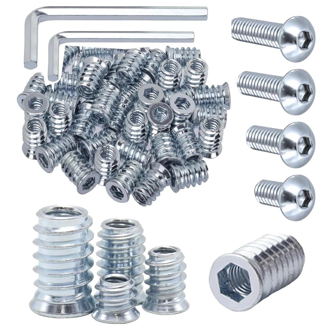 160 Sets of 1/4-20 x 10mm, 15mm, 20mm, 25mm Furniture Nuts, Threaded Wood Inserts, Bolts, Fasteners, connectors, Hexagonal Drive Screws and Nuts kit (160 Screws and 160 Nuts)