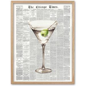 EcoHest Trendy Newspaper Martini Framed Wall Art, 12x16 in OAK Wood Retro Bar Cart Canvas Art, Magazine Aesthetic Apartment Art, Beige Logs Funky 70's Set of 1 for Bedroom Living Room