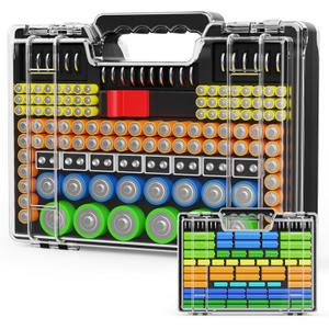 Battery Organizer Storage Holder Box Case with Tester, Stores & Protects Up to 260 Batteries, Double-Clear Locking Lid, Holds AA AAA C D and More (Not Includes Battery Pack) - Black