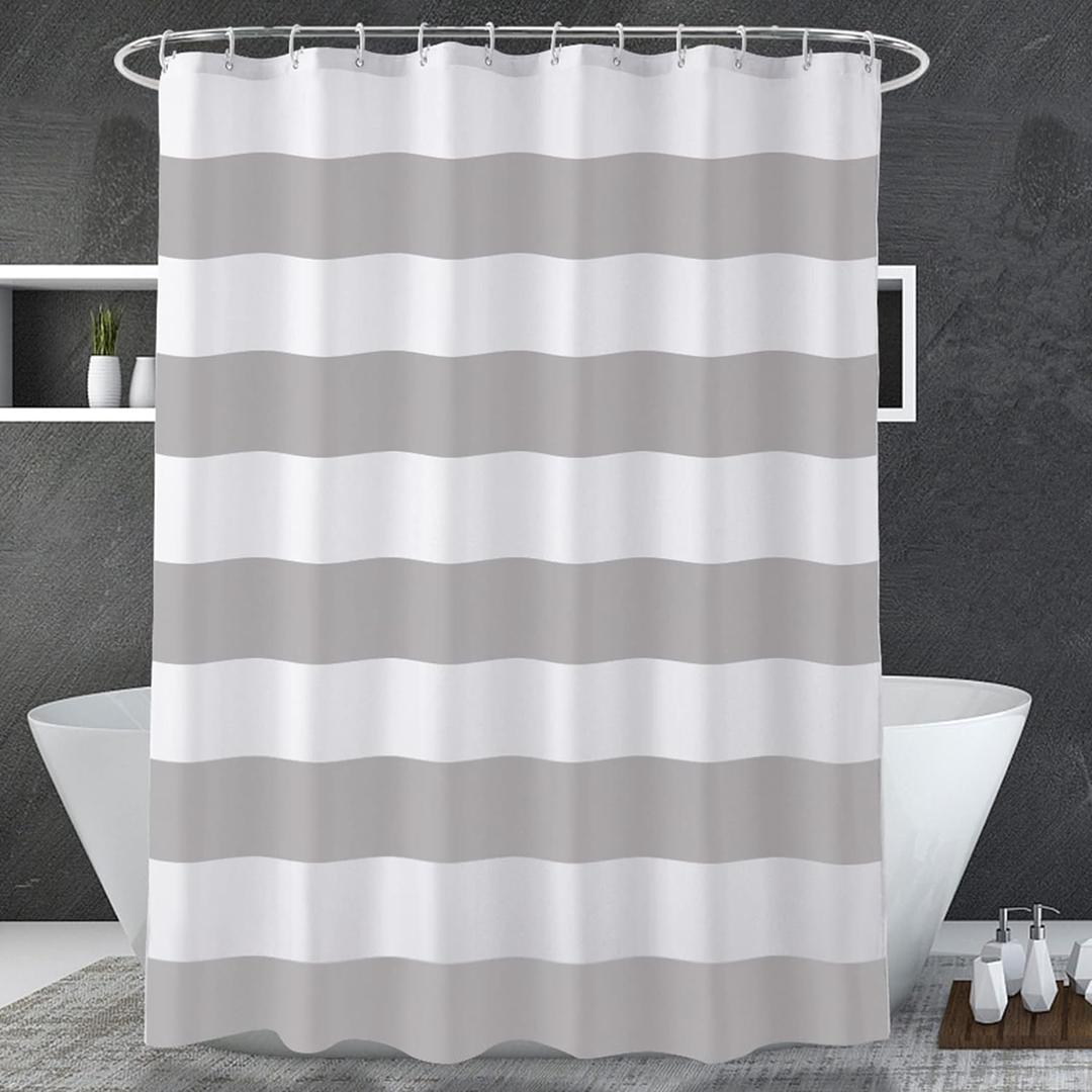 AmazerBath Grey and White Shower Curtain Fabric, Striped Shower Curtain Cloth with Heavy Duty Stones and Rust-Resistent Metal Grommets, 72" W x 72" H