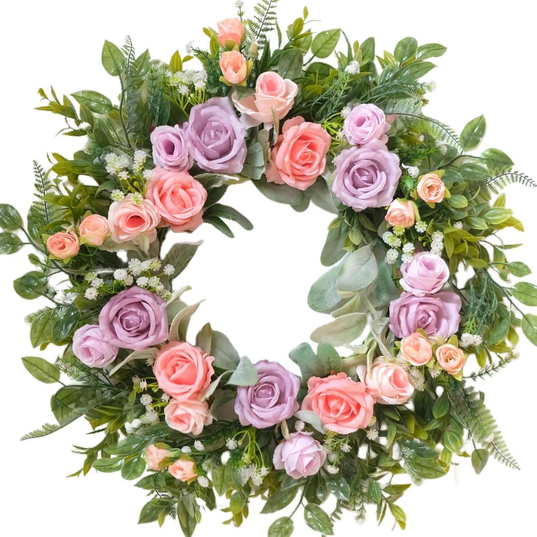 TEMPUS 22" Spring Wreath for Front Door - Purple Pink Peony & Silk Rose Wreath with Lamb's Ear Leaves, Farmhouse Floral Door Decor for Spring Summer