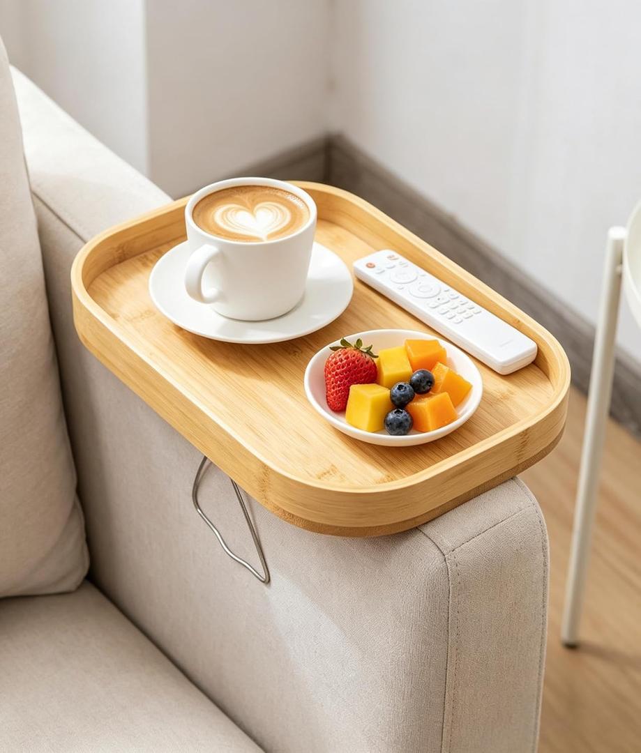 Sofa Arm Tray Table, Bamboo Couch Armrest Tray Clip-On with Adjustable Width Support Leg, Non-Slip Silicone Pads & Scratch Protection, Couch Side Table for Drinks, Snacks, Remote