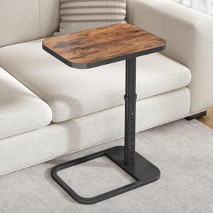 Kitstorack TV Tray Table, Adjustable Height & Flip-Top & Rounded Metal Corners, Snack Table for Couch, Sofa, Bed, Chair, Living Room, C Shaped End Side Table for Eating, Dinner or Laptop, Small Spaces (Brown)