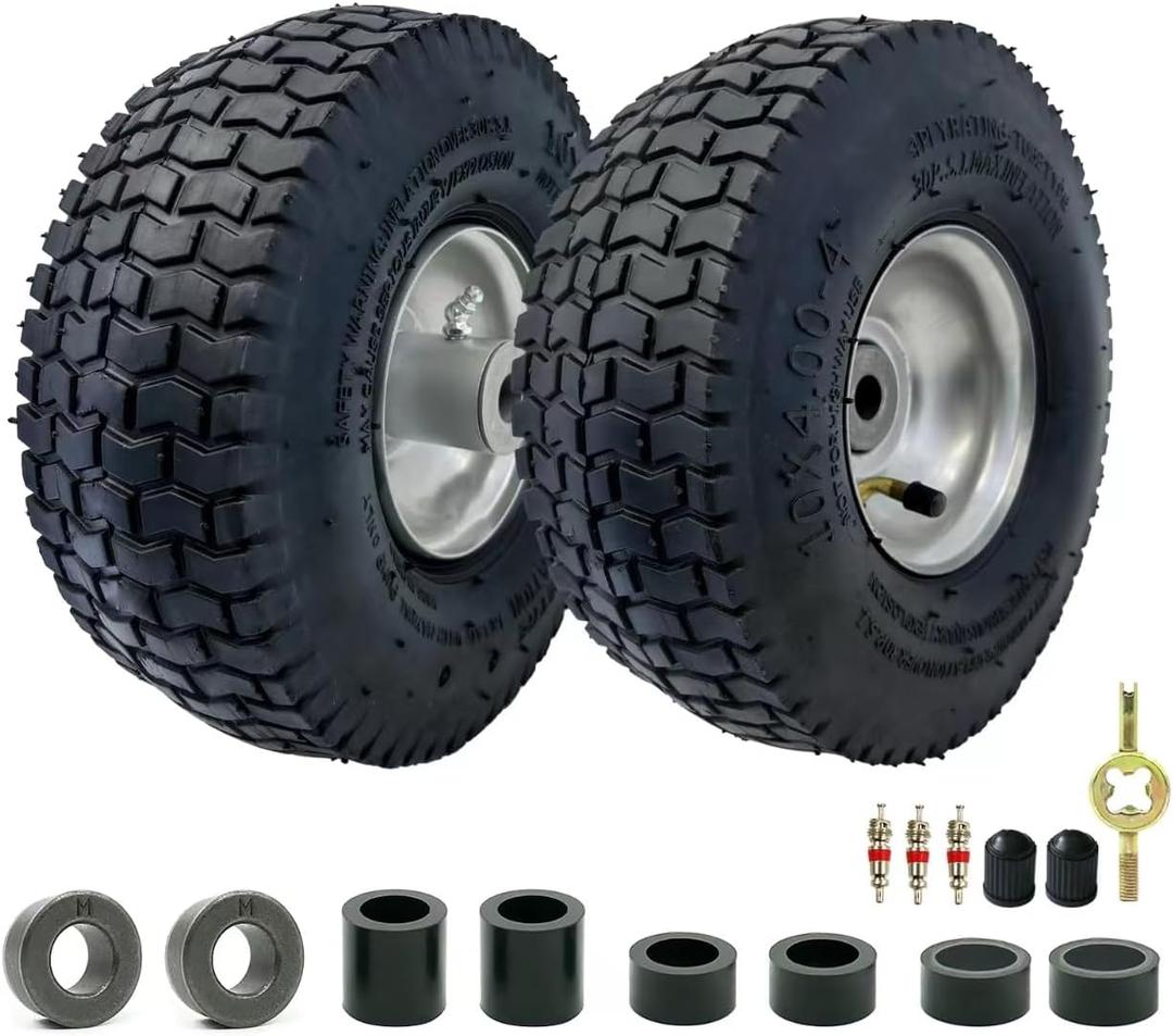 2Pack of 10x4.004"Wheels,10" Pnuematic Tires,Steel Rim and 5/8"or 3/4" Axle Bore Hole,2.22" Offset Hub for Mowers,Gorilla Cart,Hand Truck,Wheelbarrow,Utility Wagon and More,All Purpose Utility Tire