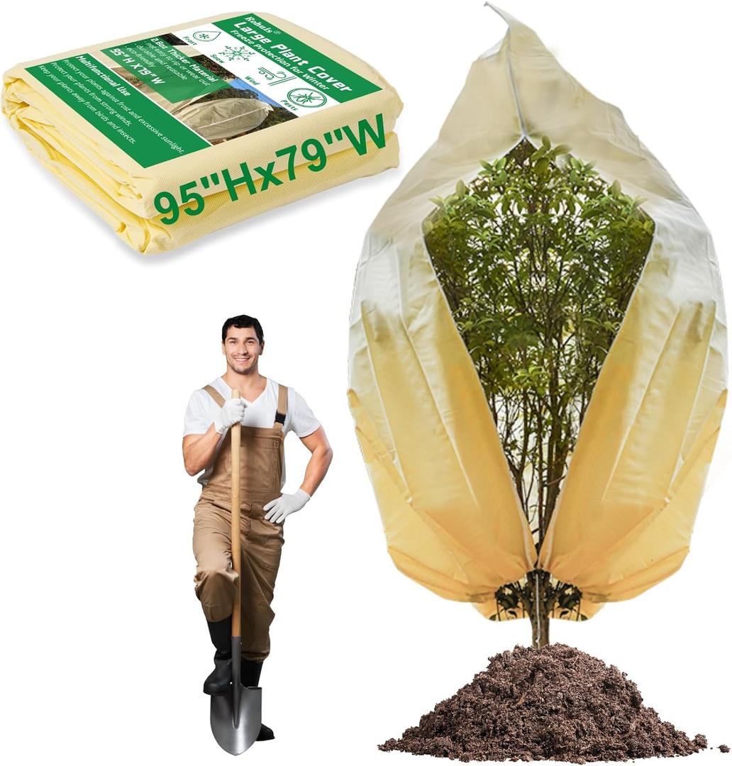 Rohuis 95x79 inch Huge Frost Cloths for Outdoor Plants Tree Covers Freeze Protection,2.82oz/yd Thickened Winter Plant Covers with Zipper Drawstring,Frost Blanket for Wind,Sun and Bird (79"x95"-1P, Beige)