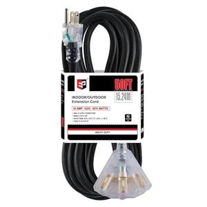 EP 50 Ft Lighted Outdoor Extension Cord with 3 Electrical Power Outlets - 12/3 SJTW Heavy Duty Black Extension Cable with 3 Prong Grounded Plug for Safety, UL Listed EP 50 Ft Lighted Outdoor Extension Cord with 3 Electrical Power Outlets - 12/3 SJTW Heavy Duty Black Extension Cable with 3 Prong Grounded Plug for Safety, UL Listed