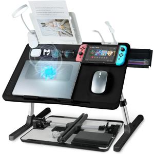 iXTRA Laptop Lap Desk with Cooling Fan - Adjustable with Light, USB, Storage Drawer - Folding Bed Desk,22.04"*12.59",Black (Black,56-32cm)