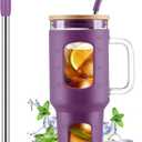 WINSA Glass Tumbler with Straw and Lid, 40 oz glass cup with handle, Glass Water Bottles with Time Marker, Silicone Protective Sleeve-Dark Purple