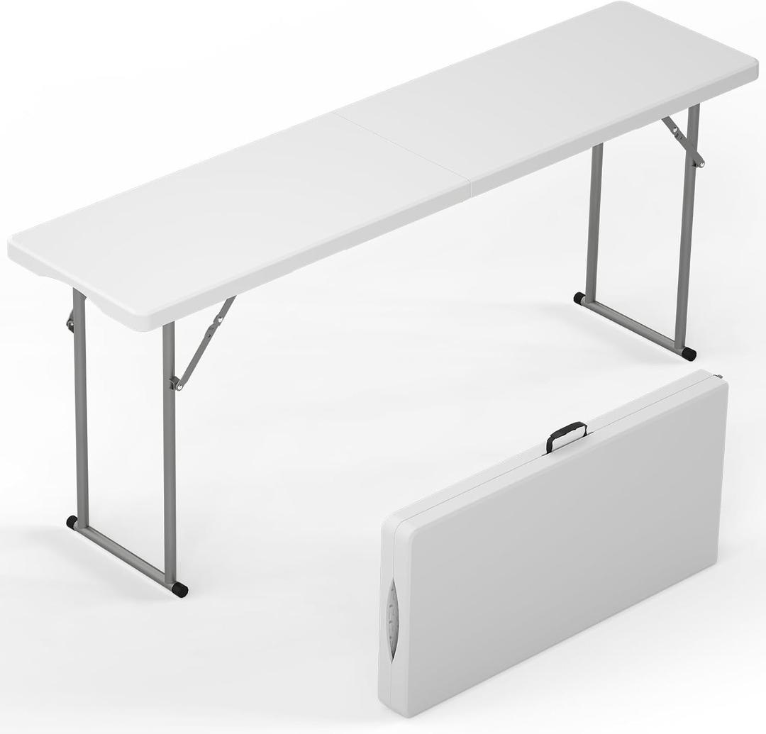 6 ft Narrow Folding Table, Tabletop Fold-in-Half with Handle & Safety Locks | Foldable, Portable, Easy Setup, Thickened HDPE and Metal Frame, for Meeting, Party, Office, White