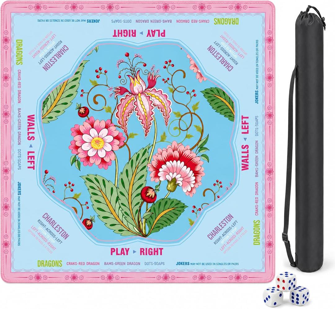 Blue Floral Mahjong Mat 31.5" x 31.5" with American Mahjong Rules, Ships Rolled Table Mat, Non-Slip Noise Reducing Gaming Mat with Carry Bag & Dice, Mahjong Accessories Gift for Women/Men