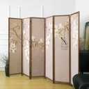 6 Panel Room Divider, 5.6 ft Tall Blackout Folding Privacy Screen - Freestanding Partition Wall with Double-Sided Patterns, Graceful Floral and Bird Artwork for Home Office (67" H x 94.5" W)