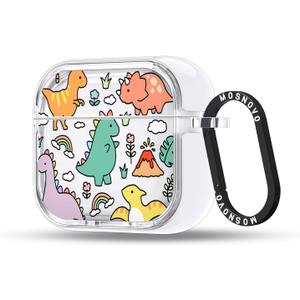 MOSNOVO Case for Airpods 4, Protective Clear Case with Shockproof Dual Layer Hard Luxe Metal Ring Designed for Airpods 4 Generation - Dinosaur Land