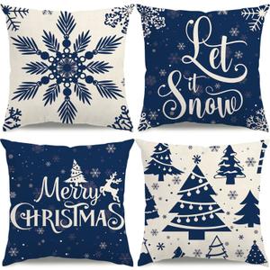 Christmas Pillow Covers 16x16 Blue Christmas Decorations Snowflake Throw Pillow Covers Xmas Tree Winter Holiday Decor Cushion Case for Sofa Couch Set of 4