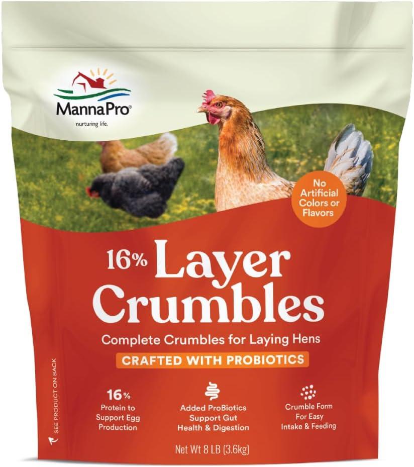 Manna Pro Chicken Feed, 16% Protein Layer Crumbles with Probiotics for Digestive Health, Complete Feed for Laying Hens to Support Egg Production, Nutrient-Rich Chicken Food, Made in USA, 8 lb Bag (EXP 06/20/25)