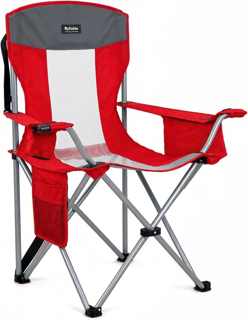 Byliable Oversized Camping Chairs Portable Outdoor 330LBS Capacity Folding Lawn Chairs for Adults with Cooler Bag,Cup Holder and Side Pocket for Beach, Sports, Tailgates, Fishing, Hiking, Red
