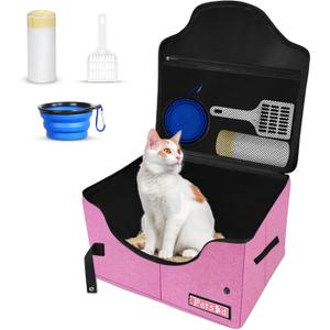Petskd High Sides Portable Travel Litter Box for Cats with Lid and 10 pcs Liner Bags, Light Weight and Leak-Proof for Road Trips, Hotel Stays, Car Travel(Pink)