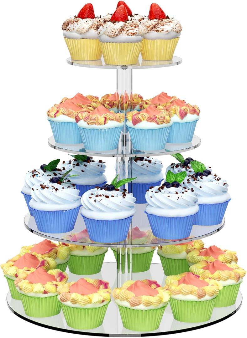 4 Tier Round Cupcake Stand, Acrylic Cupcake Display Stand for 38 Cupcakes, Clear Cupcake Holder Stand for Dessert Table, Cupcake Tower Stand for Wedding Birthday Party Graduation