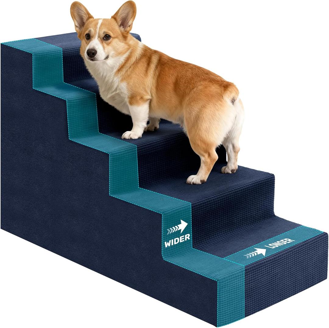 Dog Stairs for Bed, Extra Wide 5-Step Dog Steps for High Bed, High-Density Foam Pet Stairs with Non-Slip Removable Washable Cover for Small Pets, 23" H, Navy
