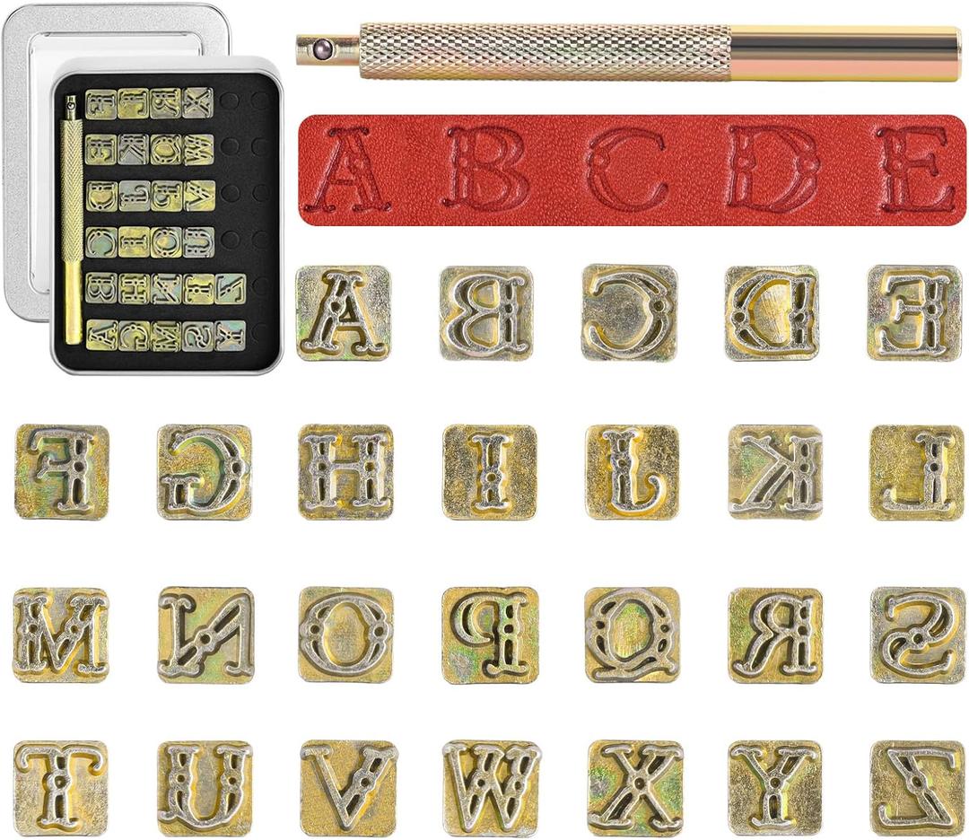 BESTNULE 27pcs Leather Stamps, Leather Stamping Kit, Leathercraft Stamping Tool Set, 26PCS Capital Letter Leather Stamps 9.5mm + 1 Stamping Handle for Leather Craft