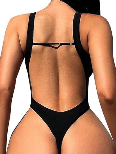 Foxiny Sexy Backless Cheeky High Cut Leg Thong V Neck One Piece Swimsuit,Black, Medium