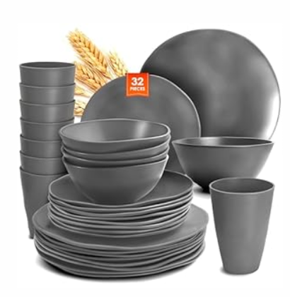 Teivio 32-Piece Kitchen Plastic Wheat Straw Dinnerware Set, Service for 8, Dinner Plates, Dessert Plate, Cereal Bowls, Cups, Unbreakable Colorful Plastic Outdoor Camping Dishes, Autumn Blue