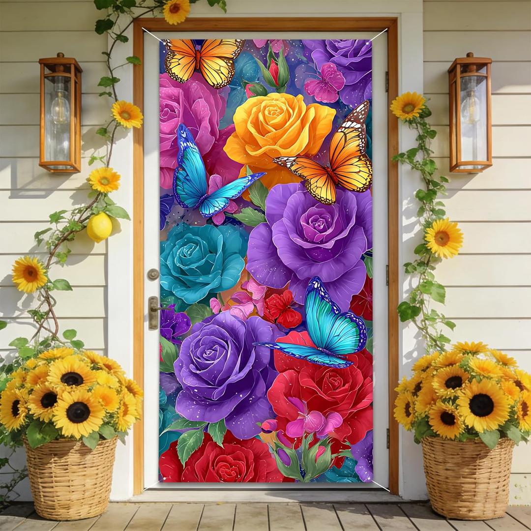 Spring Welcome Door Cover Decoration, 70.87" x 35.43" Door Banners for Front Door, Indoor and Outdoor Party Decoration, Hanging Doorway Decor for Home Entrance (rose bouquet)