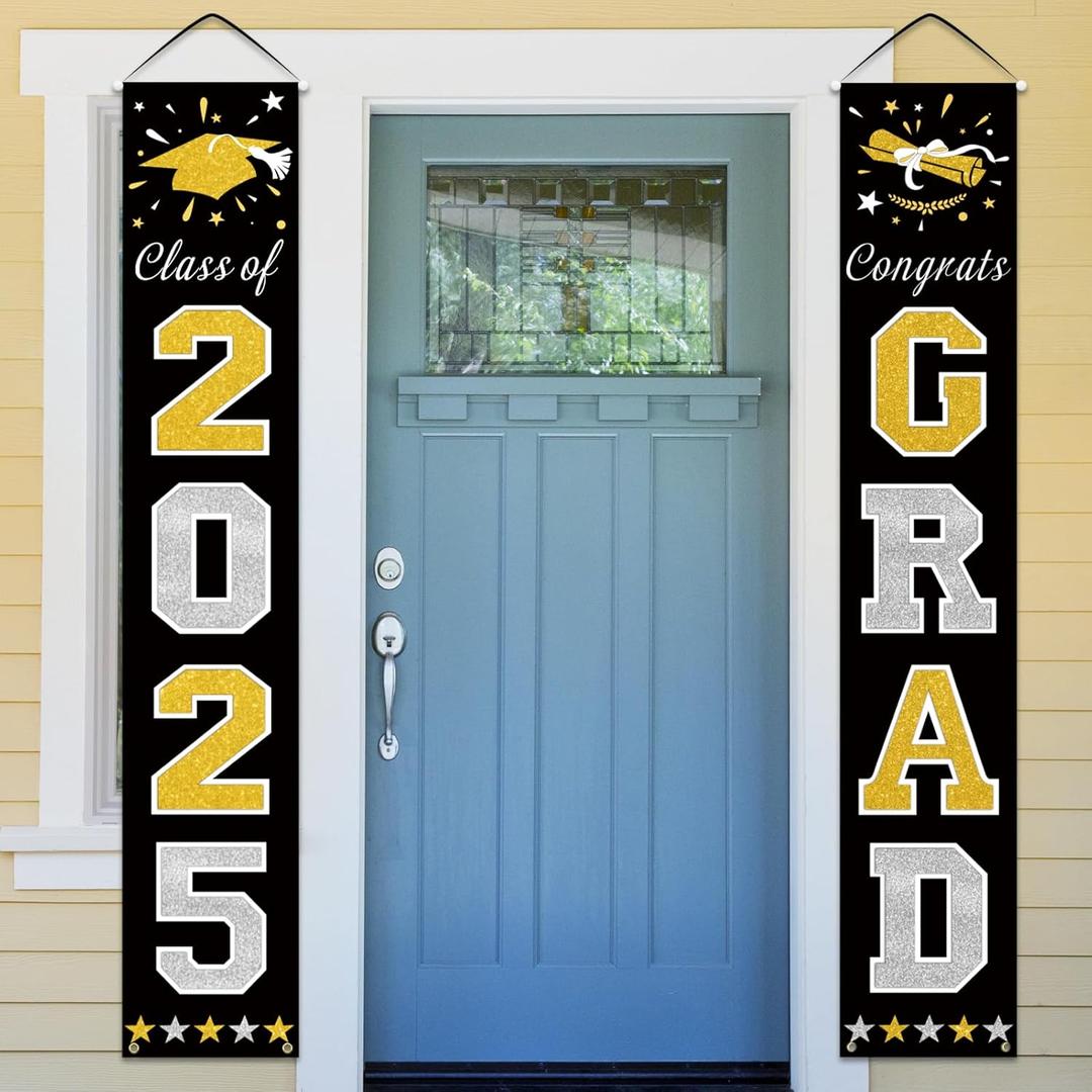 DAZONGE Graduation Decorations 2025, Black & Gold Class of Decorations 2025, Graduation Porch Banners for Any Schools or Grades Party Supplies