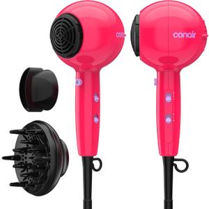 Conair Cake Pop Hair Dryer with Diffuser & Concentrator Attachments, Blow Dryer, Hair Dryers for Women, Tourmaline Ceramic Technology, 3 Heat/2 Speed Settings, Compact Hair Dryer w/Concentrator, Pink