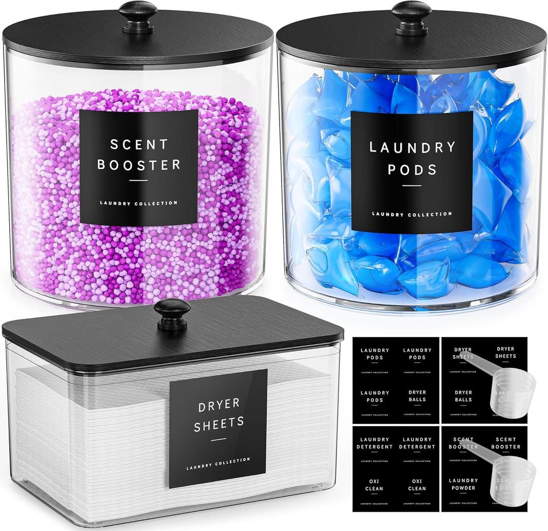 3 Pack Laundry Pods Container, Clear Laundry Room Organization Containers,Large Acrylic Detergent Powder Storage Containers Black Wooden Lids & Labels, Dryer Sheet Holder
