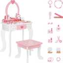 OOOK Kids Vanity Set,Table & Chair Vanity Set with MirrorIncludes 15 pcs Multiple Make up Accessories, Makeup Dressing Table with Storage Drawer, Pink, kids vanity set with stool and mirror