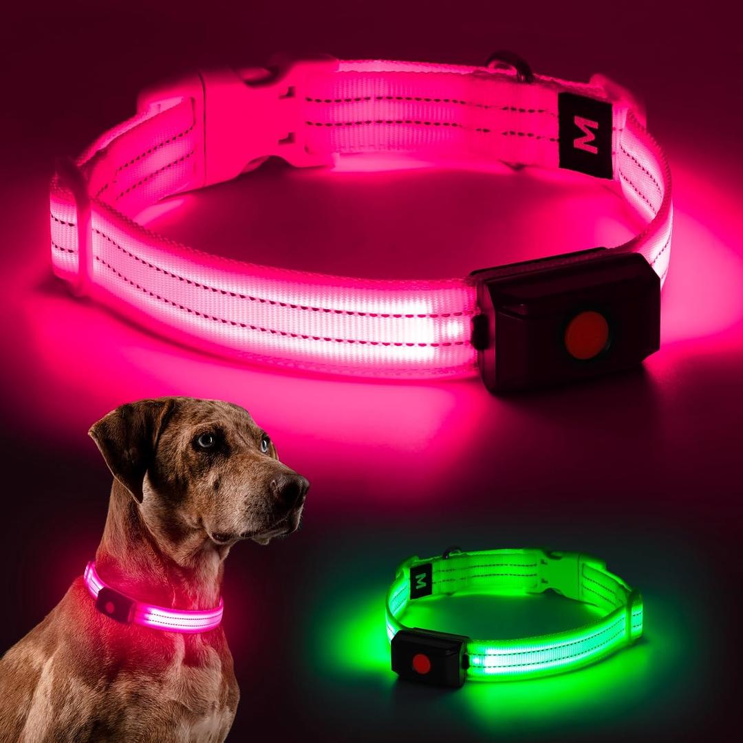 Light Up Dog Collar for Night Walking Flashing, LED Dog Collar Light Rechargeable Reflective Dog Collar Water-Resistant Adjustable Size Dog Collars for Medium Dogs (Pink)