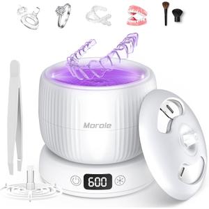 2025 Upgraded Ultrasonic Retainer Cleaner Machine,Separate Retainer Cleaner for Night Guards, Braces, Aligner, Jewelry, 4 Modes Denture Cleaner & Removable Base and Top Cover(White)