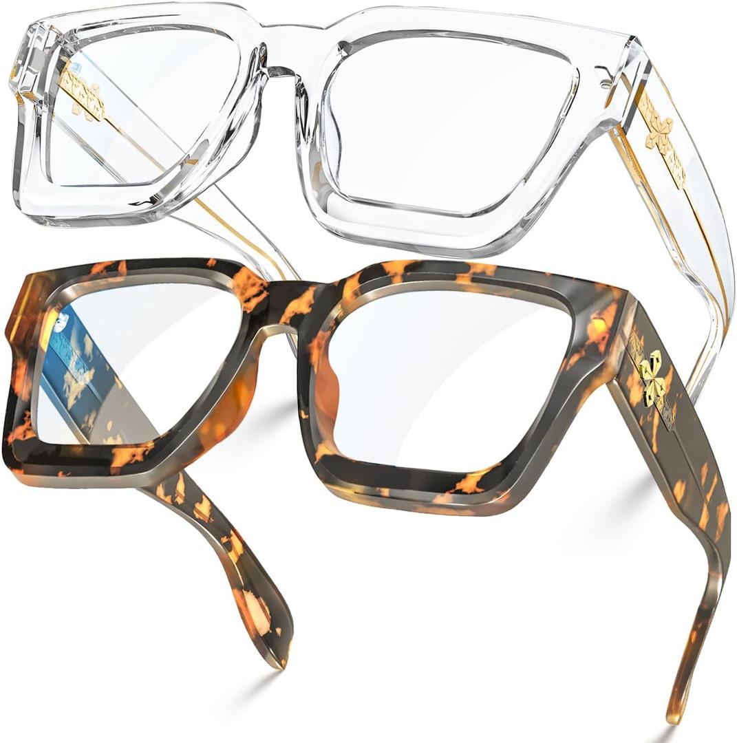 VISOONE 2 Pack Blue Light Blocking Glasses Rectangle Frame and Chic Preppy Look for Women Men RIVER (Coco Tortoise + Clear)