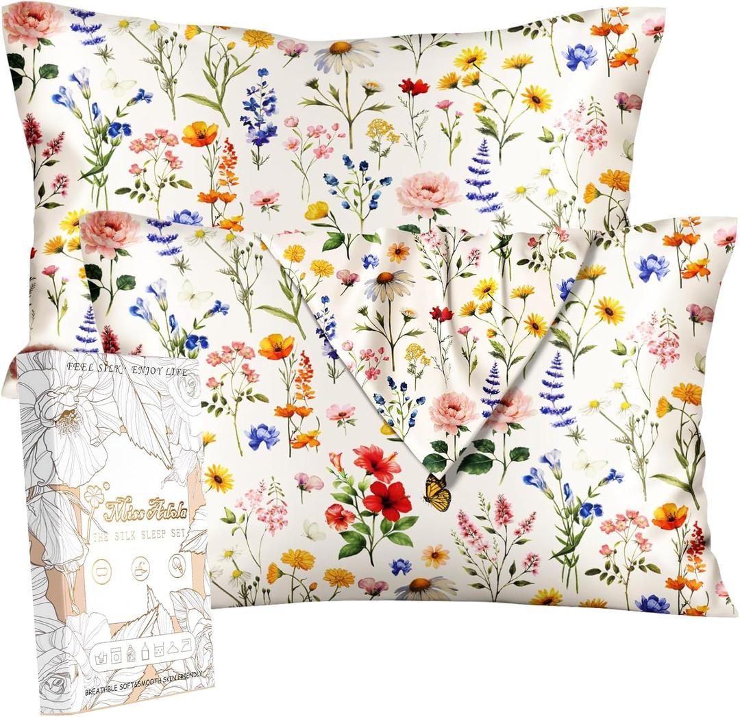 2 Pack Mulberry Silk Pillowcase for Hair and Skin - Standard Size 20 x 26 Inches with Hidden Zipper Beige Flower 19 Momme Soft Sleeping Silk Pillow Case for Women, Moms
