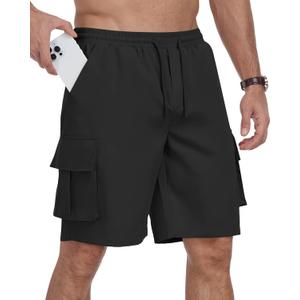 Mens Cargo Shorts Elastic Waist Drawstring Hiking Shorts for Men Stretch Casual Short with 5 Pockets (3X-Large, Black)