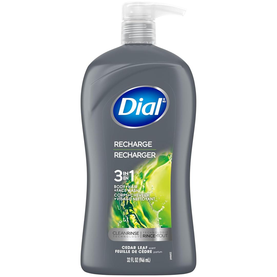 Dial Men 3 in 1 Body, Hair and Face Wash, Recharge, 32 Fl Oz, Cedar Leaf Scent, Cleanses Deep + Gentle on Skin with Clean Rinse Technology