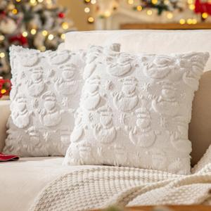 Set of 2 White Snowman Christmas Throw Pillow Covers 20x20 Inch, Farmhouse Faux Fur Snowflake Decorative Pillow Covers for Thanksgiving Home Decor Sofa Cushion Covers Soft Fuzzy Pillowcases