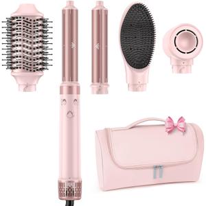 Dual Voltage Hair Dryer Brush - 5 in 1 Hair Air Wrap Styler with High-Speed Blow Dryer, Drying, Straightening & Volumizing with Negative Ion Anti-frizz for 110V-120V/220V-240V Europe and Travel Case (Pink)