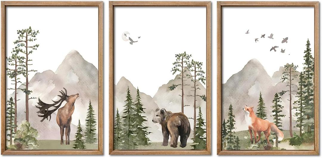 YWJKWLGS Wild Woodland Animals Nursery Wall Art Decor 16"24" Set of 3 Jungle Theme Safari Forest Deer Bear Fox Posters Wood Framed Sign for Children's Boys Girls Room Watercolor Prints Hanging (Wood)