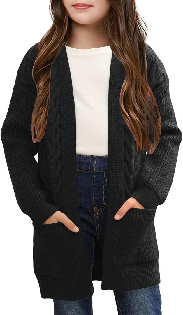 Ermonn Girls Kids Open Front Cardigans Sweaters Long Sleeve Knit Cute Sweater Outwears with Pockets for 5-14 Years (5-6 Years, Black)