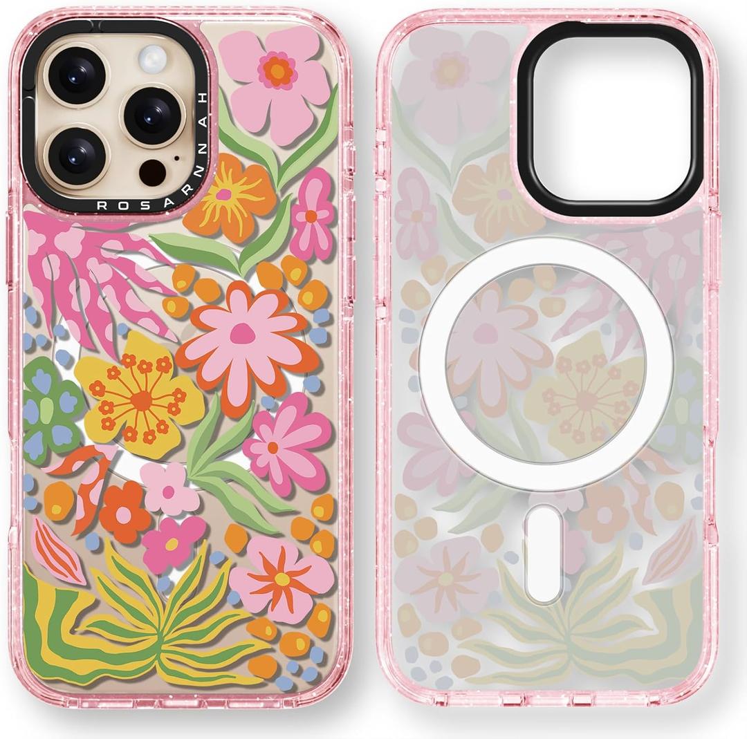 for iPhone 16 Pro Max Case Cute - Compatible with Magsafe - Durable Shockproof 6.6 ft Drop Impact Phone Case - Funny Passion Flower Design (6.9") Glitter Pink