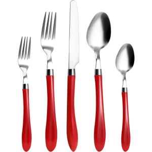 Red Silverware Set, HOFTEN 20 Piece Stainless Steel Color Handle Flatware, Retro Style Cutlery set Includes Forks Spoons Knifes. Fiestaware for Daily Use and Party, Vintage Utensils, Dishwasher Safe (HA309-RD)