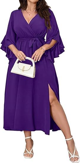Womens Plus Size Dress Wedding Guest Cocktail Ruffle Half Sleeve Wrap V Neck Slit A Line Maxi Dresses with Belt (Size L, Purple)