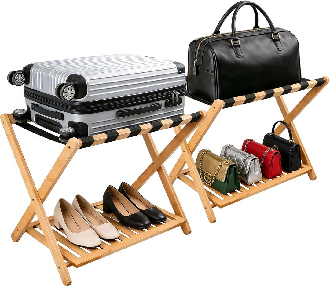 Luggage Rack Set of 2, Folding Luggage Rack for Guest Room,Suitcase Stand with Storage Shelf, Bamboo Luggage Stand