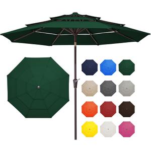 JEAREY 9FT 3 Tier Patio Umbrella Outdoor Market Umbrella Table Umbrellas with 8 Ribs 1.5 Pole Push Button Tilt and Crank UV Protection for Garden,Dark Green