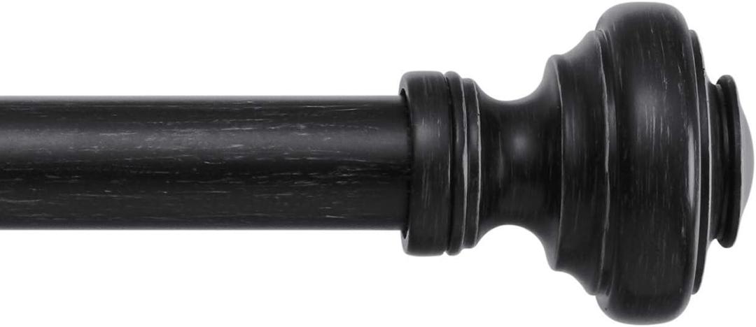 MODE Farmhouse Collection 1 1/8" Diameter Curtain Rod Set with Porch Doorknob Curtain Rod Finials and Steel Wall Mounted Adjustable Curtain Rod, Fits 36 to 72 Windows, Weathered Black (Fits 36" - 72" wide windows)