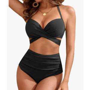 Tempt Me High Waisted Underwire Bikini Sets - Women 2025 Two Piece Swimsuits Halter Bathing Suits with Tummy Control Bottom, L, Black