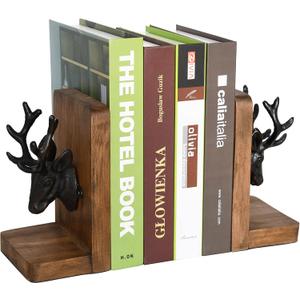 Vintage Cast Iron Deer Head & Antlers Design Decorative Elk Bookends for Shelves, Buck Book Holders, Reindeer Book Organizer, L-Shaped Wooden Desk Organizer, Heavy Duty Non-Skid Bookends (1 Pair) (Rustic Burnt)